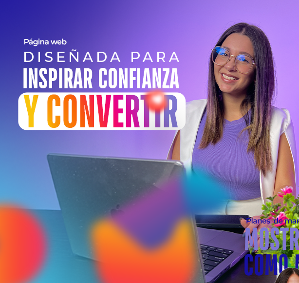 Integrante del equipo Desahogo trabajando en laptop frente a un fondo degradado morado, junto a un texto que dice ‘Página web diseñada para inspirar confianza y convertir’.