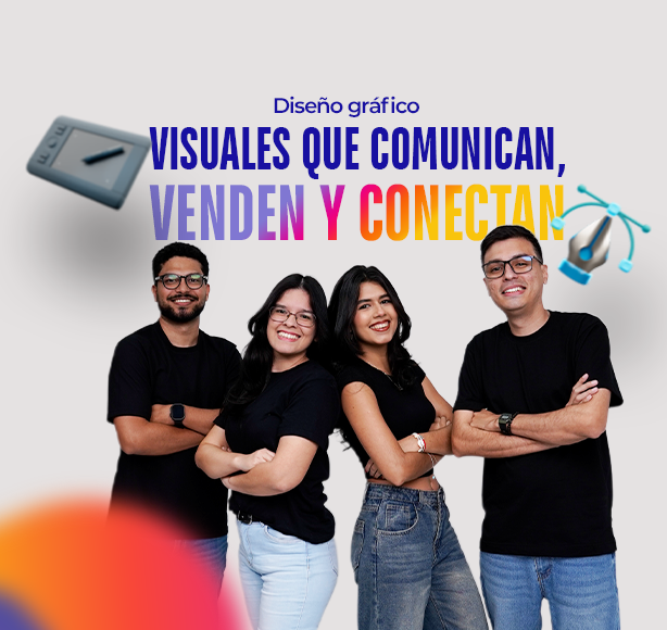 Equipo de diseño gráfico de Desahogo posando frente a un arte con el texto ‘Visuales que comunican, venden y conectan’, con iconos de herramientas de diseño sobre fondo claro.